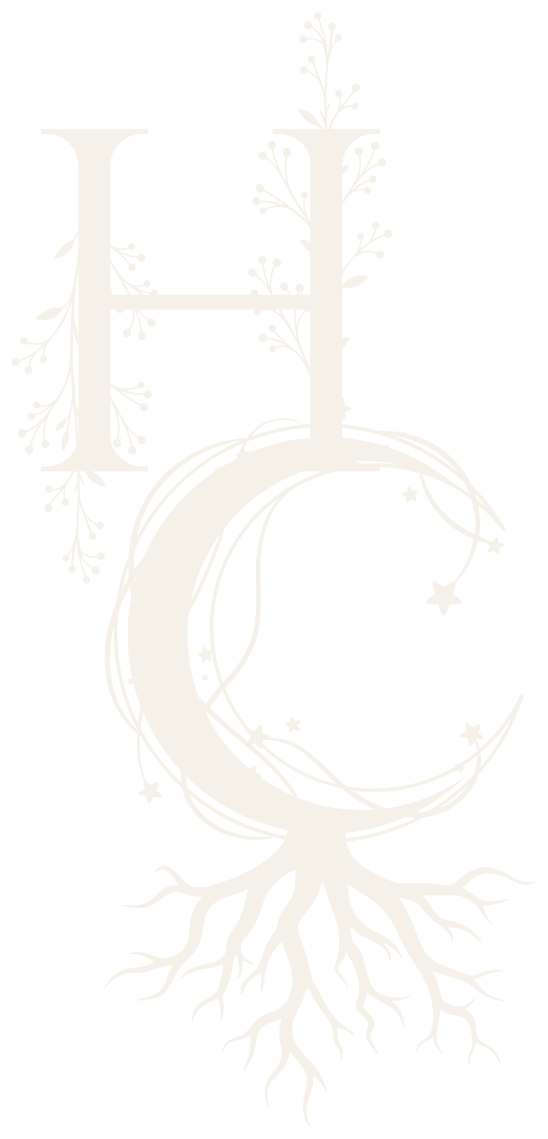 Hollow Cauldron HC monogram with botanical sprigs and roots